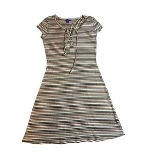 Abercrombie Red White Striped Mini Dress Neck Tie‎ Short Sleeve Y2K Babydoll Med